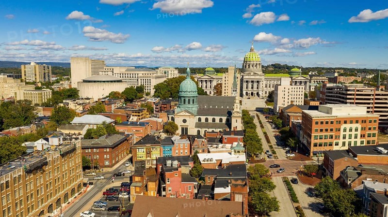 Early Morning light hits the buildings and downtown city center area in Pennsylvania state capital at Harrisburg