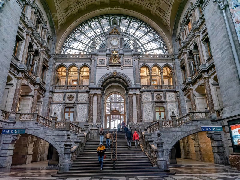Interior view of the opulent old terminus station Antwerp-Centraal, Antwerp, Flanders, Belgium, Europe