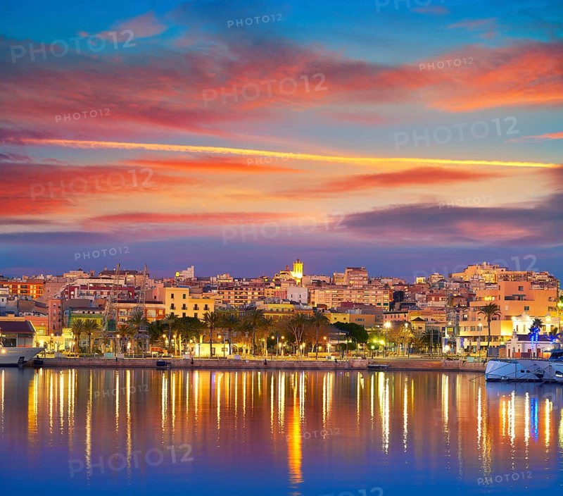 Tarragona port sunset with sea reflection in Catalonia