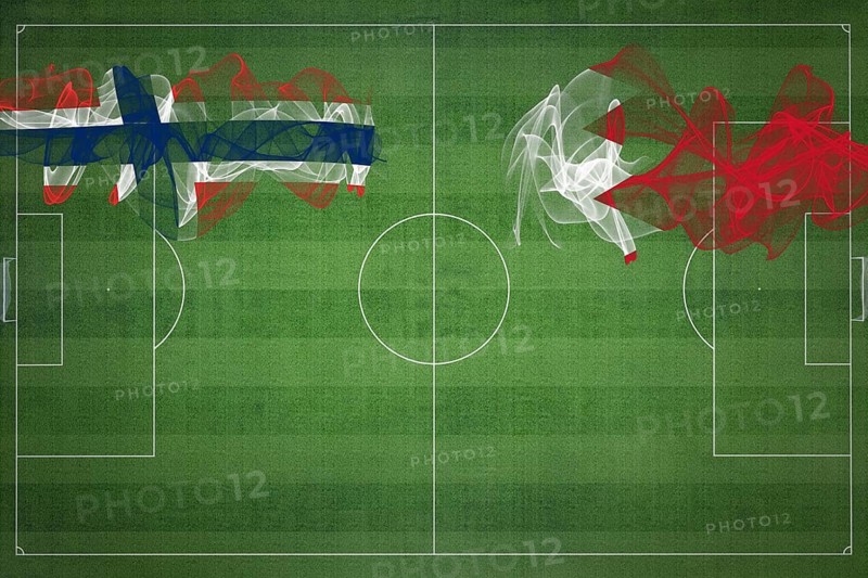 Norway vs Bahrain Soccer Match, national colors, national flags, soccer field, football game, Competition concept, Copy space