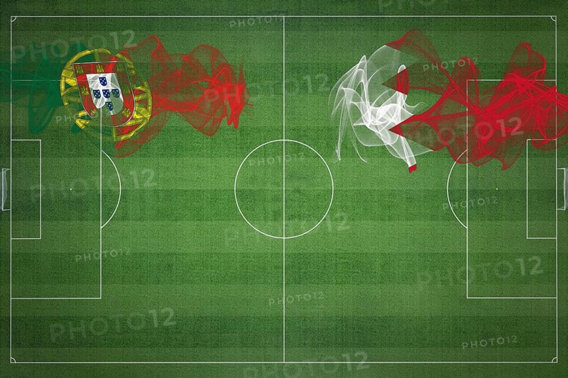Portugal vs Bahrain Soccer Match, national colors, national flags, soccer field, football game, Competition concept, Copy space