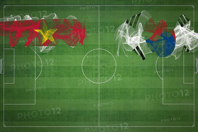 Suriname vs South Korea Soccer Match, national colors, national flags, soccer field, football game, Competition concept, Copy space