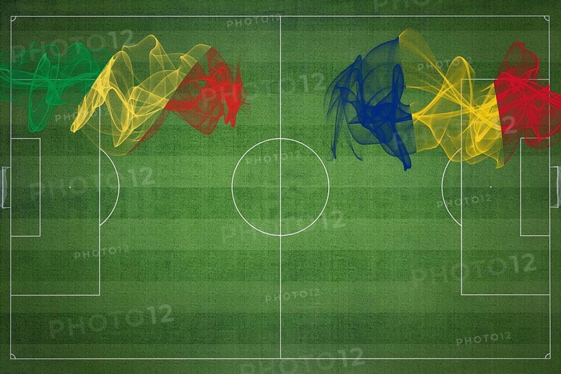 Republic of the Congo vs Romania Soccer Match, national colors, national flags, soccer field, football game, Competition concept, Copy space