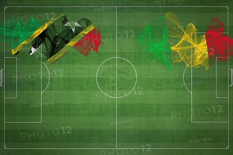 Saint Kitts and Nevis vs Mali Soccer Match, national colors, national flags, soccer field, football game, Competition concept, Copy space