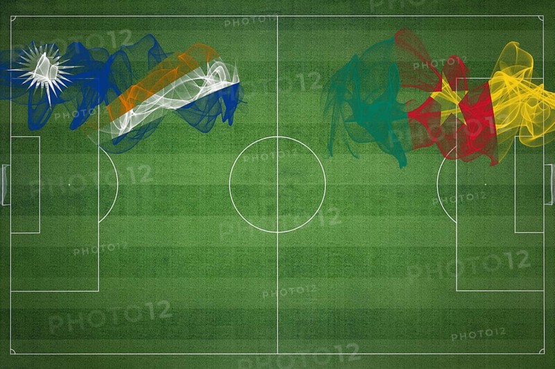 Marshall Islands vs Cameroon Soccer Match, national colors, national flags, soccer field, football game, Competition concept, Copy space