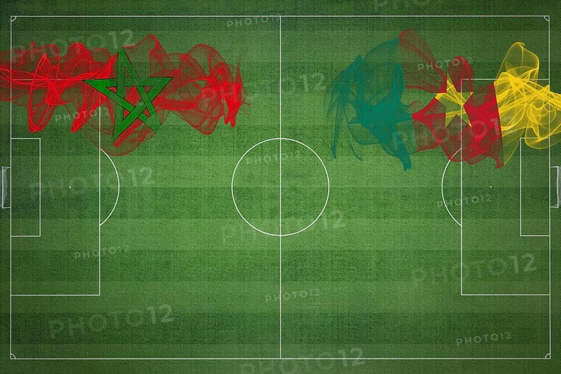 Morocco vs Cameroon Soccer Match, national colors, national flags, soccer field, football game, Competition concept, Copy space