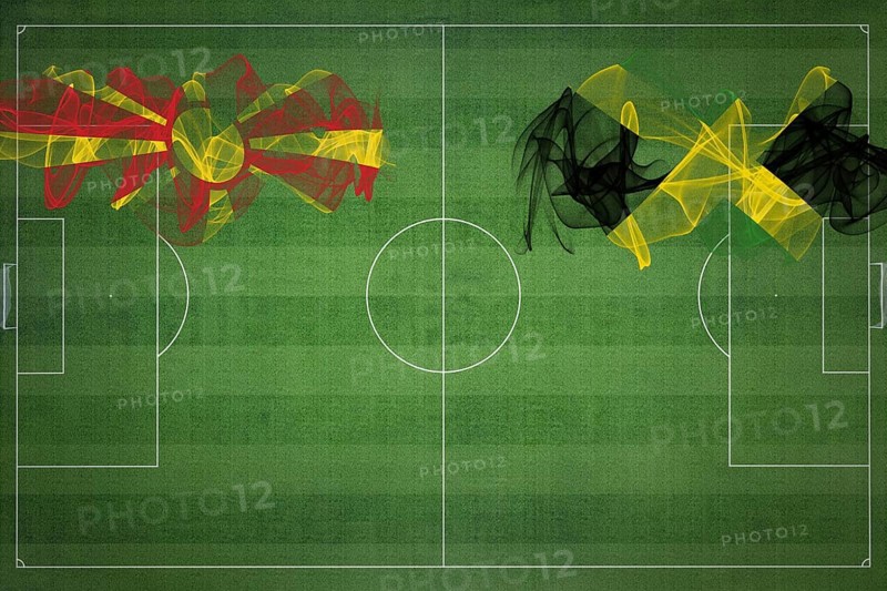 North Macedonia vs Jamaica Soccer Match, national colors, national flags, soccer field, football game, Competition concept, Copy space
