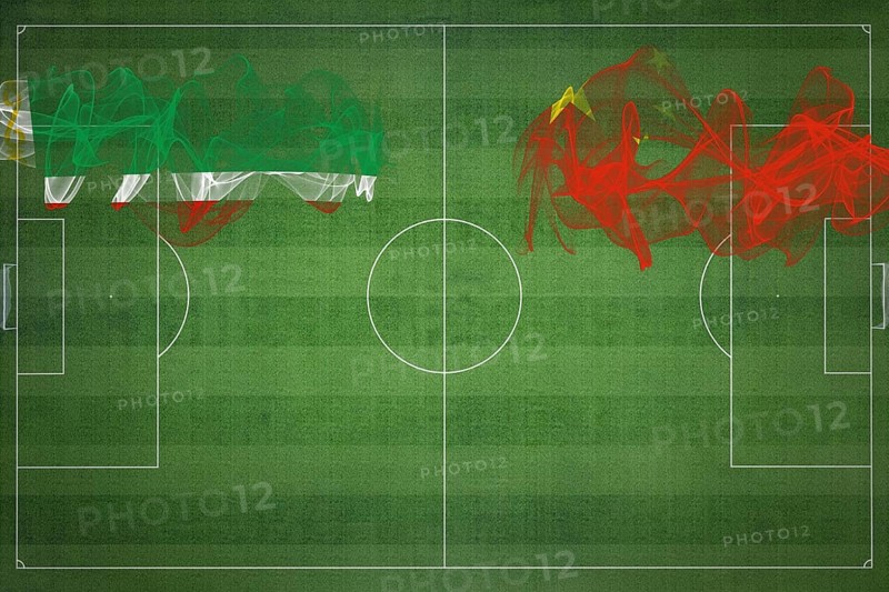 Chechnya vs China Soccer Match, national colors, national flags, soccer field, football game, Competition concept, Copy space