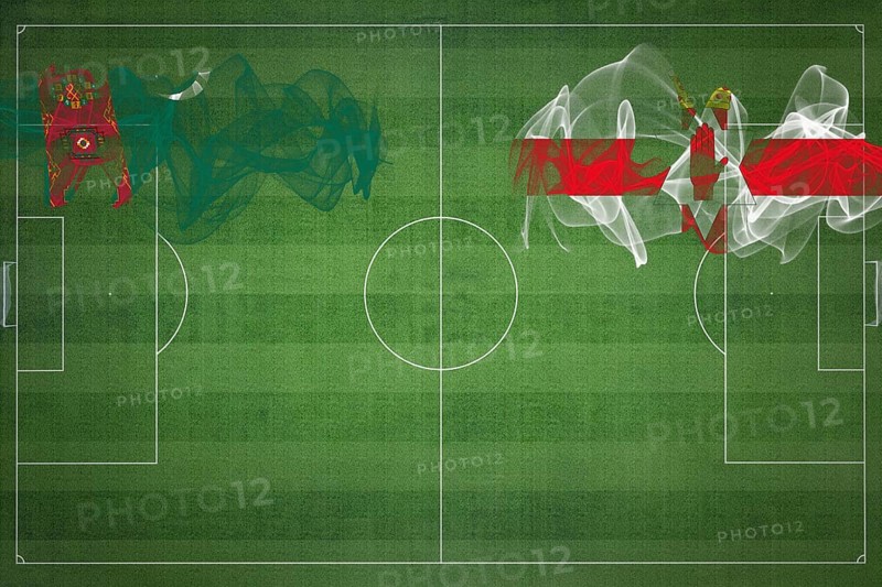 Turkmenistan vs Northern Ireland Soccer Match, national colors, national flags, soccer field, football game, Competition concept, Copy space