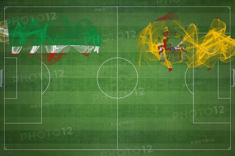 Chechnya vs Spain Soccer Match, national colors, national flags, soccer field, football game, Competition concept, Copy space