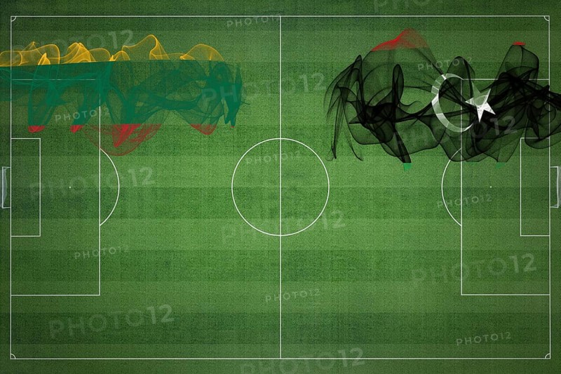 Lithuania vs Libya Soccer Match, national colors, national flags, soccer field, football game, Competition concept, Copy space