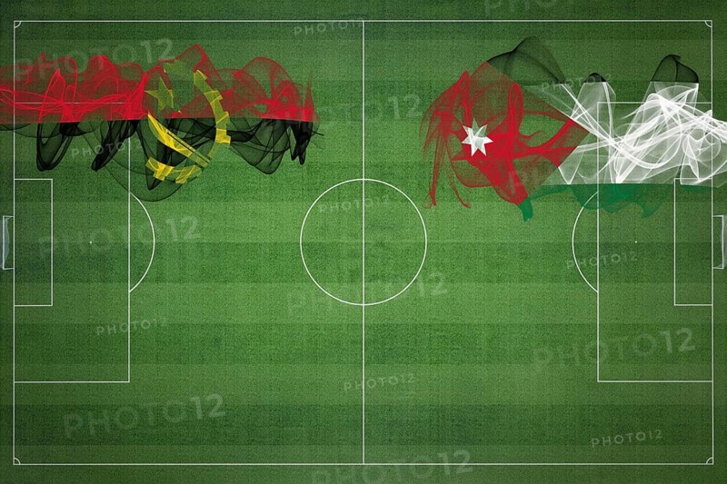 Angola vs Jordan Soccer Match, national colors, national flags, soccer field, football game, Competition concept, Copy space