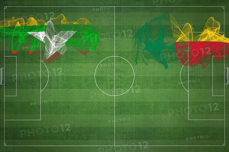 Myanmar vs Benin Soccer Match, national colors, national flags, soccer field, football game, Competition concept, Copy space