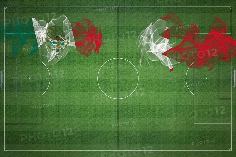 Mexico vs Bahrain Soccer Match, national colors, national flags, soccer field, football game, Competition concept, Copy space