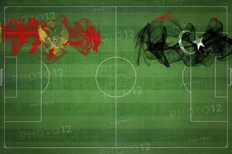 Montenegro vs Libya Soccer Match, national colors, national flags, soccer field, football game, Competition concept, Copy space