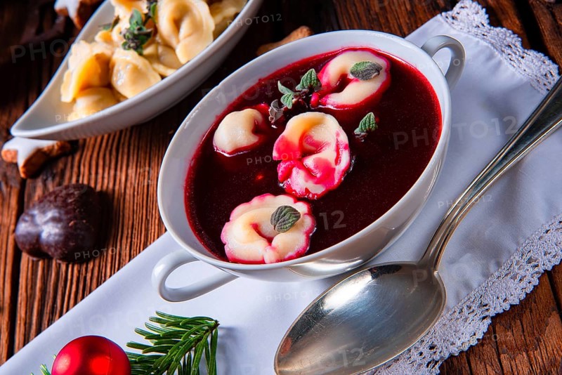 Traditional Polish Christmas Eve borscht with dumplings