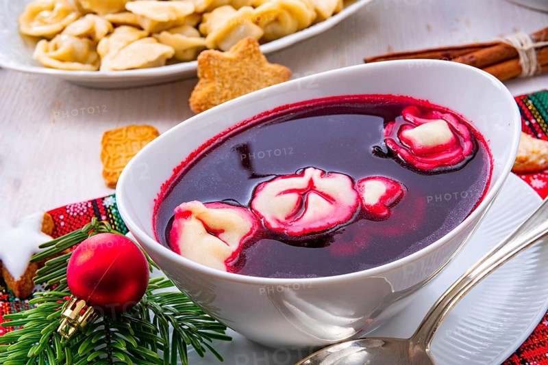 Barszcz (beetroot soup) with small pierogi
