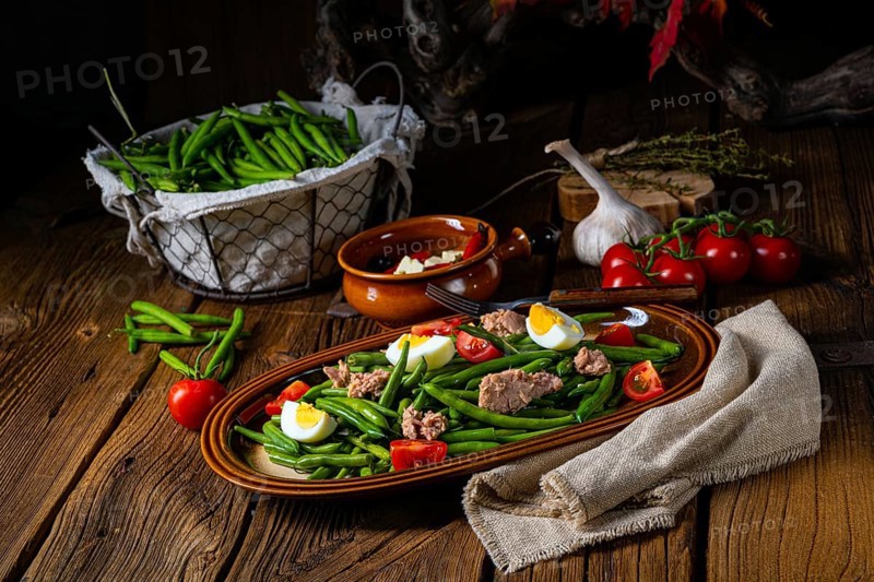 Rustic green bean salad with egg and tuna