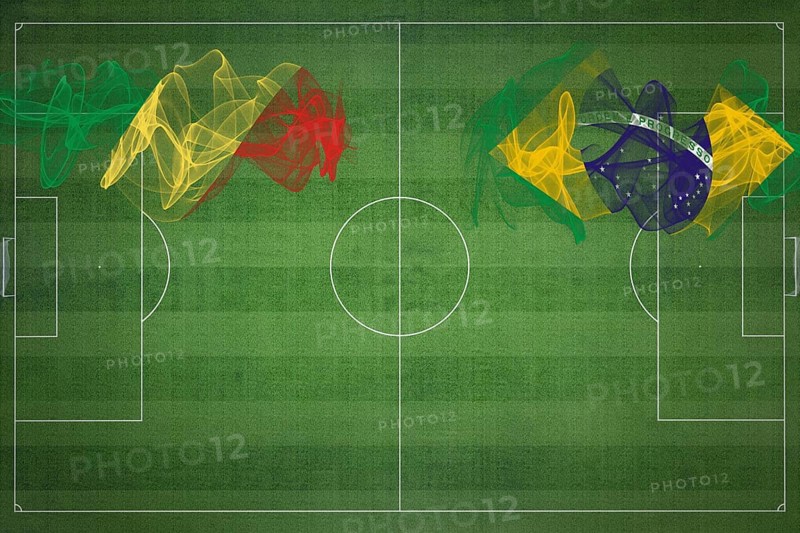 Republic of the Congo vs Brazil Soccer Match, national colors, national flags, soccer field, football game, Competition concept, Copy space