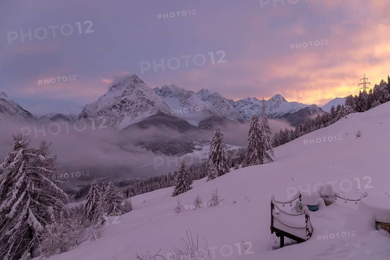 Dawn, Motta Naluns with view towards Val S-charl, Scuol, Engadin, Grisons, Switzerland, Europe