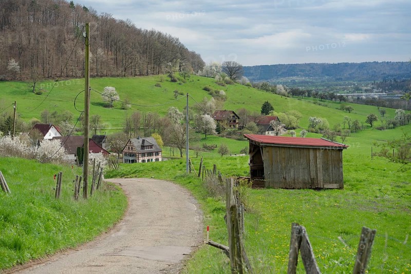 View of the hamlet of Wagrain, Michelfeld, spring, Hohenlohe, hiking, Beaver Valley, Beavers, Swabian-Franconian Forest nature park Park, Germany, Europe