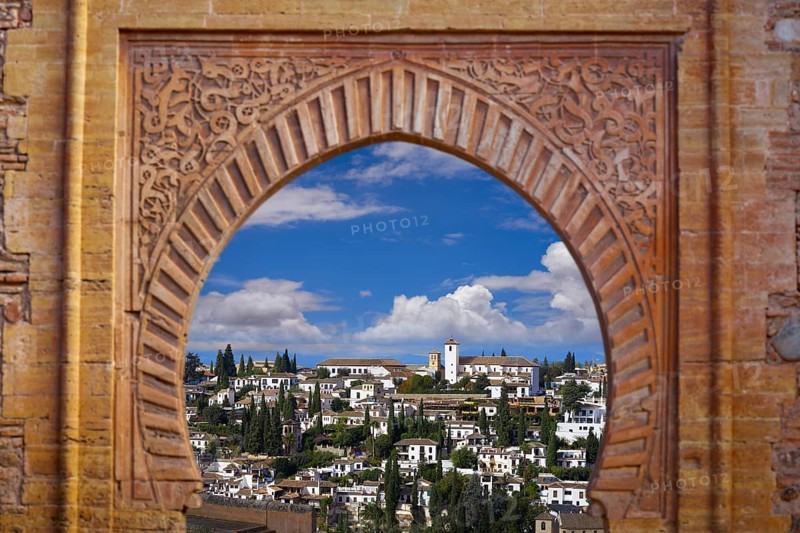 Alhambra arch Granada illustration with Albaicin barrio photo mount