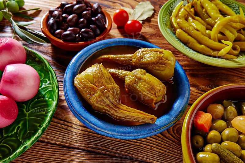 Tapas pickles mix olives chili onion eggplant from Spain