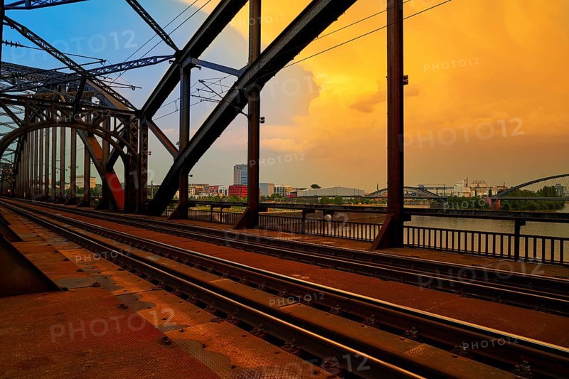 Berlin railway at Deutschherrnbrucke bridge over river Meno in Germany