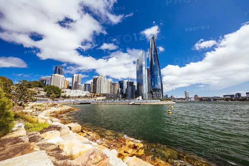 SYDNEY, AUSTRALIA, DECEMBER 03, 2023: The Barangaroo Reserve area and Nawi Cove near The Rocks in Sydney, New South Wales, Australia, Oceania