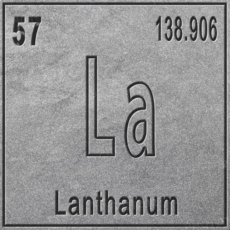 Lanthanum chemical element, Sign with atomic number and atomic weight, Periodic Table Element, silver background