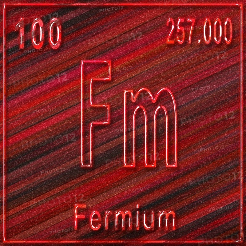 Fermium chemical element, Sign with atomic number and atomic weight, Periodic Table Element