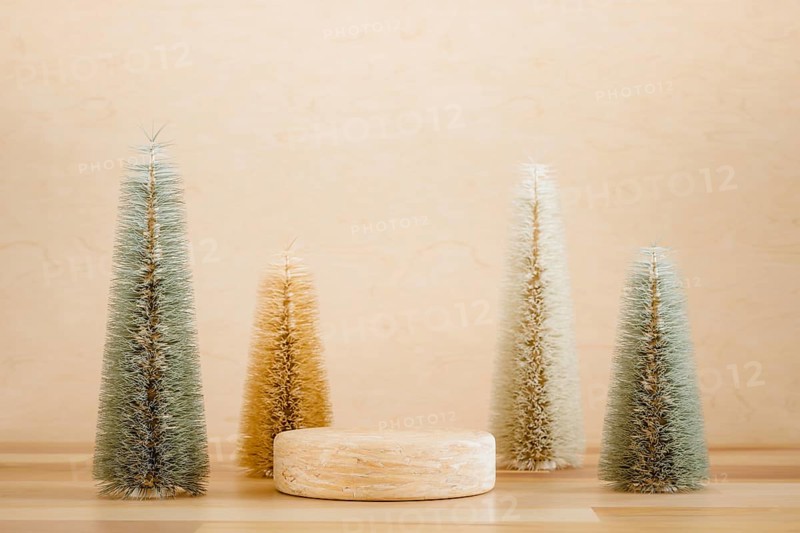 Wooden podium pedestal product mockup display with miniature Christmas trees in beige and green, 3d illustration
