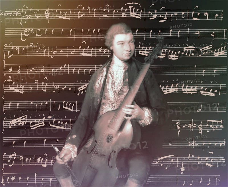 Carl Friedrich Abel, 1723? – 1787, German composer, digitally edited according to a painting by Thomas Gainsborough, Sonatas for viola da gamba and bass, written in the author's own hand