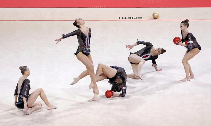 Sofia, Bulgaria - 26 March, 2021:Team Germany perform during the 5 Balls group qualifications at the 2021 Rhythmic Gymnastics Sofia World Cup, Sofia, Bulgaria, Europe