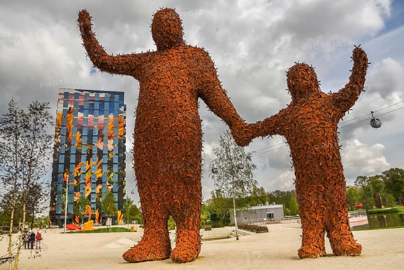 Almere, Netherlands, May 2022. The Arnhem giants and the Flores residential tower at the Floriade Expo 2022 in Almere
