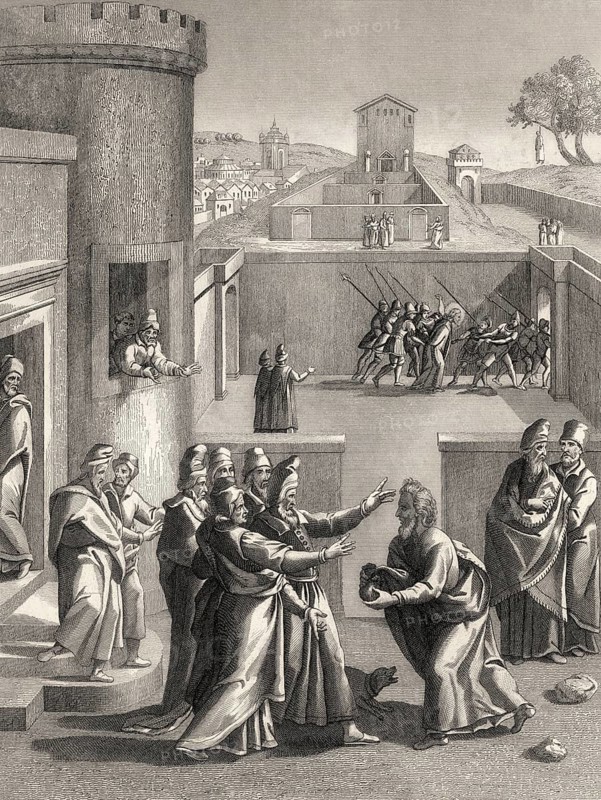 Judas Iscariot before Pontius Pilate, New Testament, steel engraving 1853, digitally restored