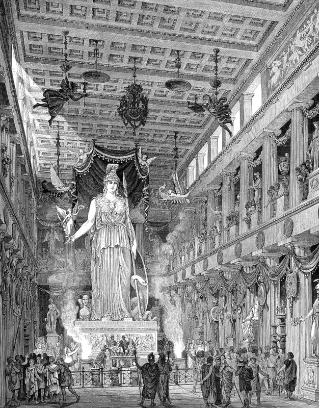 Reconstruction of the Parthenon-Temple, Interior view, dedicated to the Greek goddess Pallas Athena Parthenos on the Acropolis in Athens, Greece, 5th Century BC, Europe