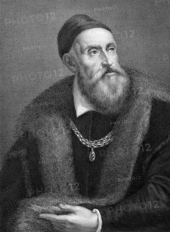 Titian (1473/1490-1576) on copper engraving from 1841. Italian painter, leader of 16th century Venetian school of Italian Renaissance. Engraved by G.Fusinati from a drawing by G.Tubino after a self portait by Titian