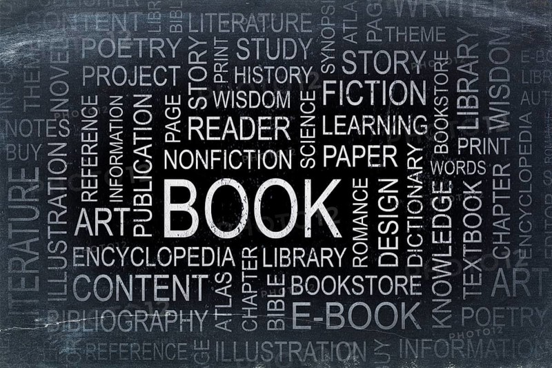 Book, story and literature word cloud - white chalk text on a slate blackboard
