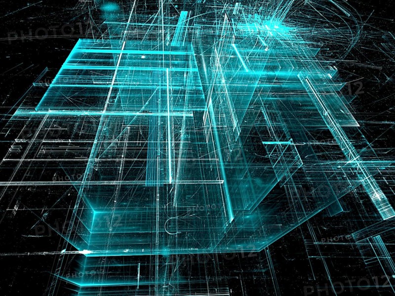 Abstract aquamarine tech background. Fractal art: glass walls on surreal building. Glowing lines and grid. Industry or technology concept. Computer-generated image