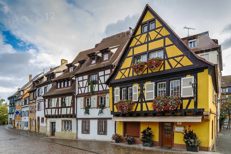 Embankment of Lauch River with historical houses in Colmar, Alsace, France, Europe
