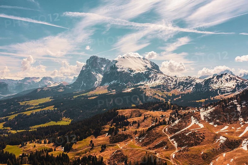 Panoramic view from the Seiser Alm to the Dolomites in Italy, drone shot