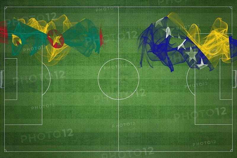 Grenada vs Bosnia and Herzegovina Soccer Match, national colors, national flags, soccer field, football game, Competition concept, Copy space