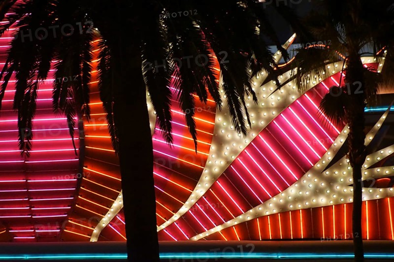 Las Vegas, United States - December 23, 2015: A striking abstract detail of the Flamingo luxury hotel and casino with a palm tree silhouette in front of the facade on the night of 23 December 2015 in Las Vegas
