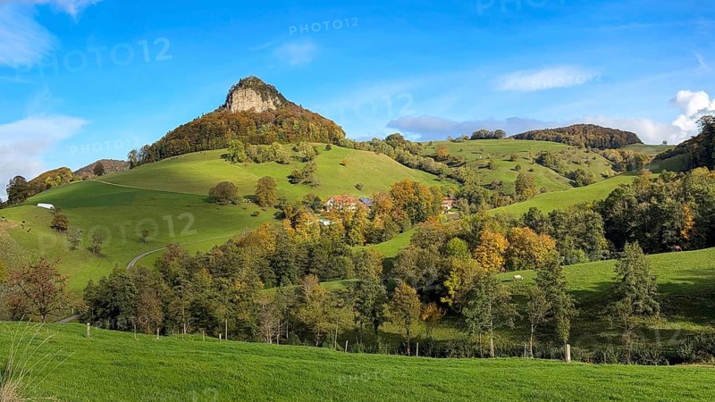 Wisner Flueh in autumn with colourful trees, first Jura chain, Wisen, Solothurn, Switzerland, Europe