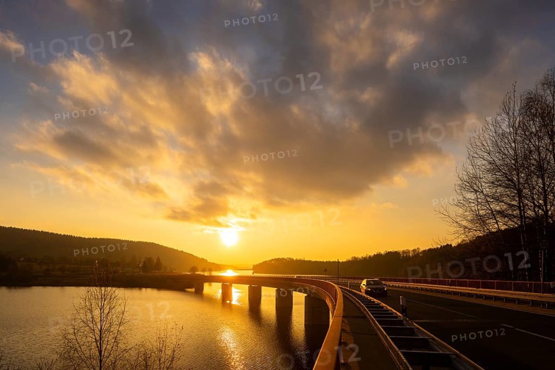 Sunset at the Rauschenbach dam. Rauschenbach, Saxony, Germany, Europe