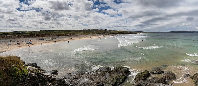 Panorama landscape view of Gwithian Beach and St. Ives Bay in northern Cornwall