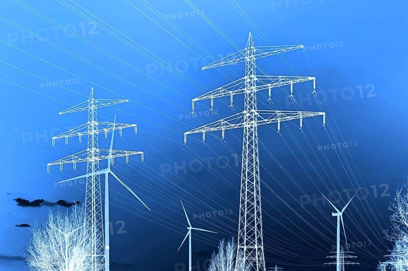 Wind turbines and electricity pylons in Bergedorf, Hamburg, Germany, photomontage, Europe