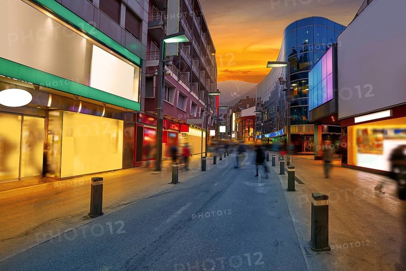 Andorra la Vella commercial area sunset street in Pyrenees