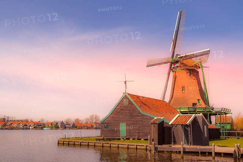 Zaanse Schans, Netherlands pink sunset panoramic view of windmills and lake in traditional village in Holland